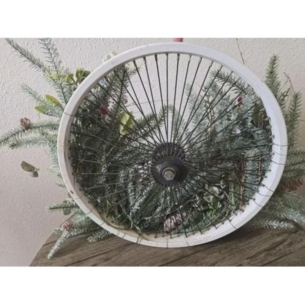 Vintage Bicycle Wheel Christmas Wreath Door Hanger Frosted Glitter Greenery